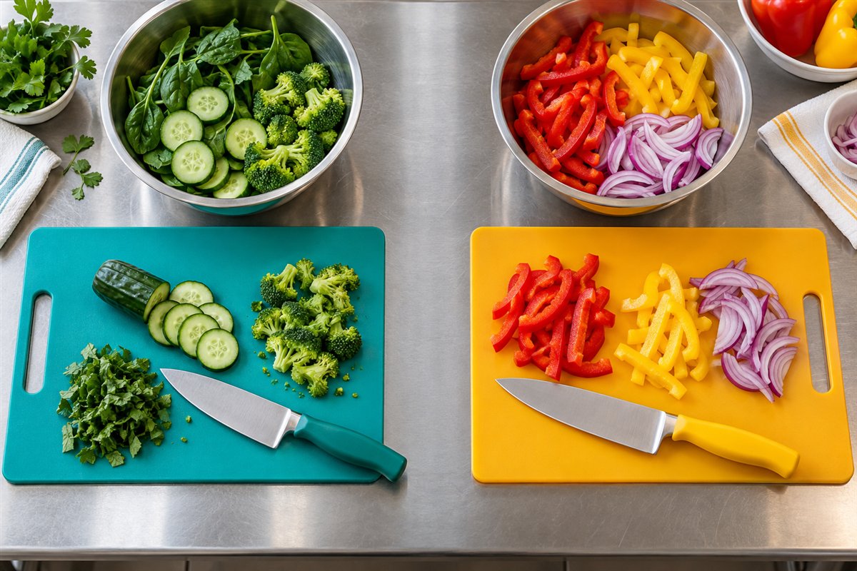 Separate food preparation zones with colour-coded equipment