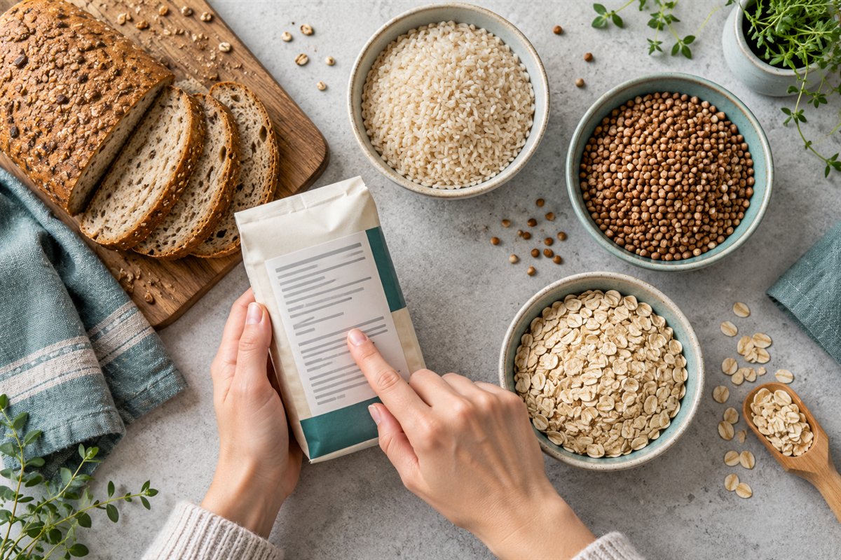 A shopper checking a food label beside gluten-free grains