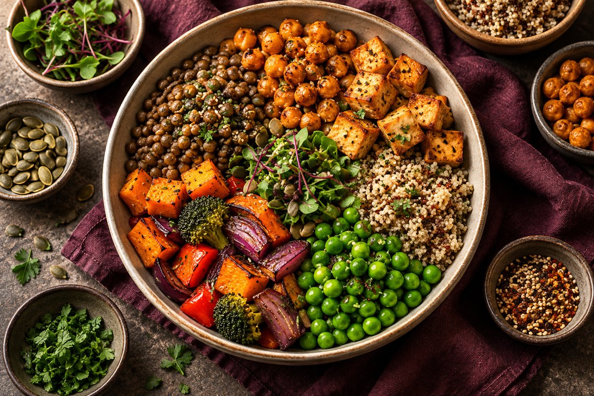 A bowl filled with varied plant-based protein foods
