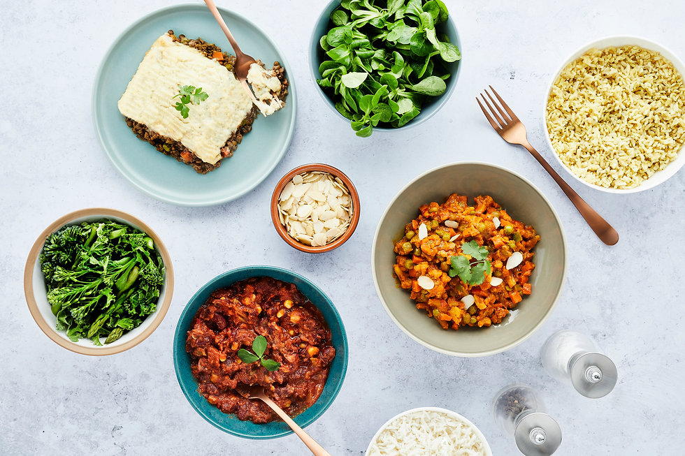 A colourful spread of Govindas free-from meals and fresh vegetables